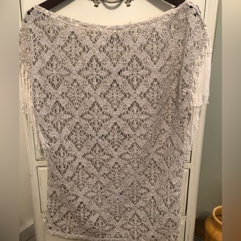 Sofia Tan lace fringe shirt /short Beach,pool Bathing suit cover up size small